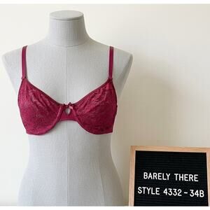 Vintage Barely There 34B Bra Maroon Floral Lace Underwire Unlined Style 4332